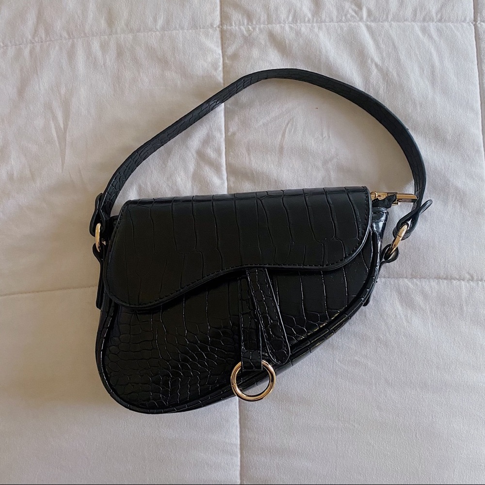SHEIN Black Crocodile Leather Baguette Asym Bag